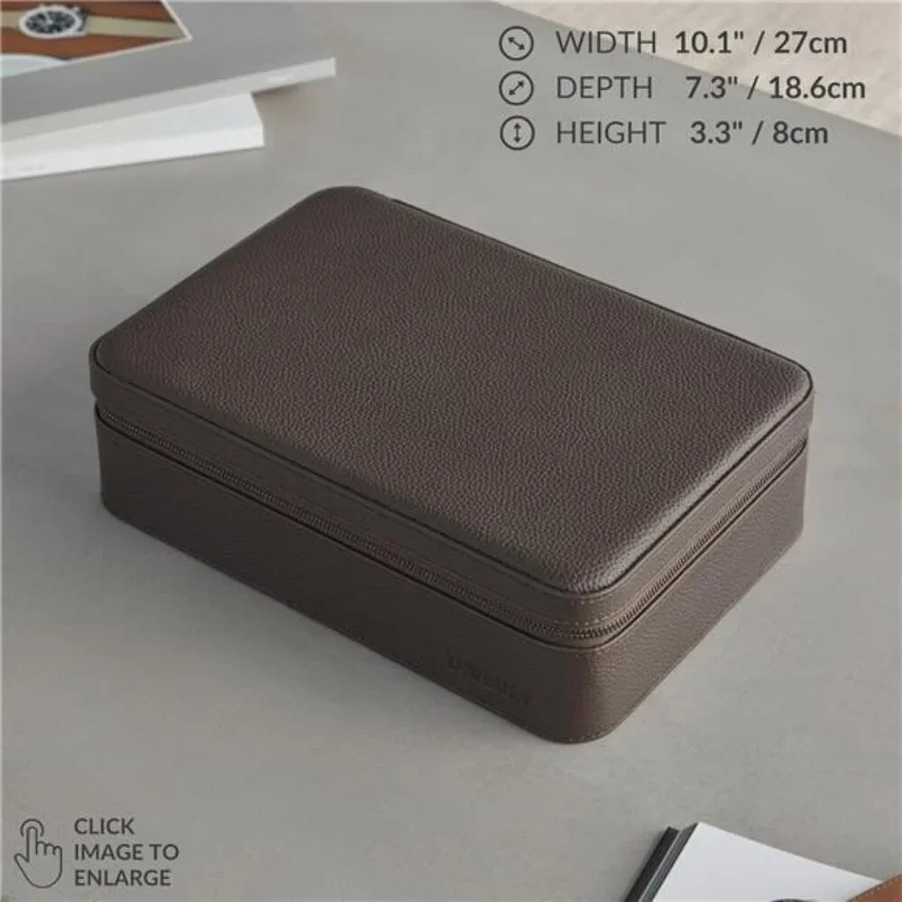 Tawbury Leather Watch Case 8 Slot Travel Watch Box with Zipper Brown